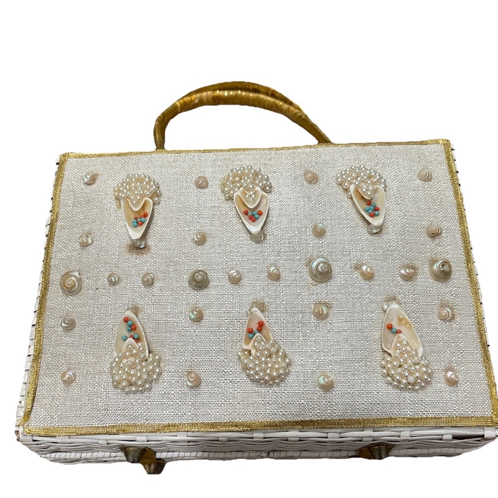 Magid 1950s NATURAL COATED WICKER Box Basket Purse Cream Boho Sea Shells